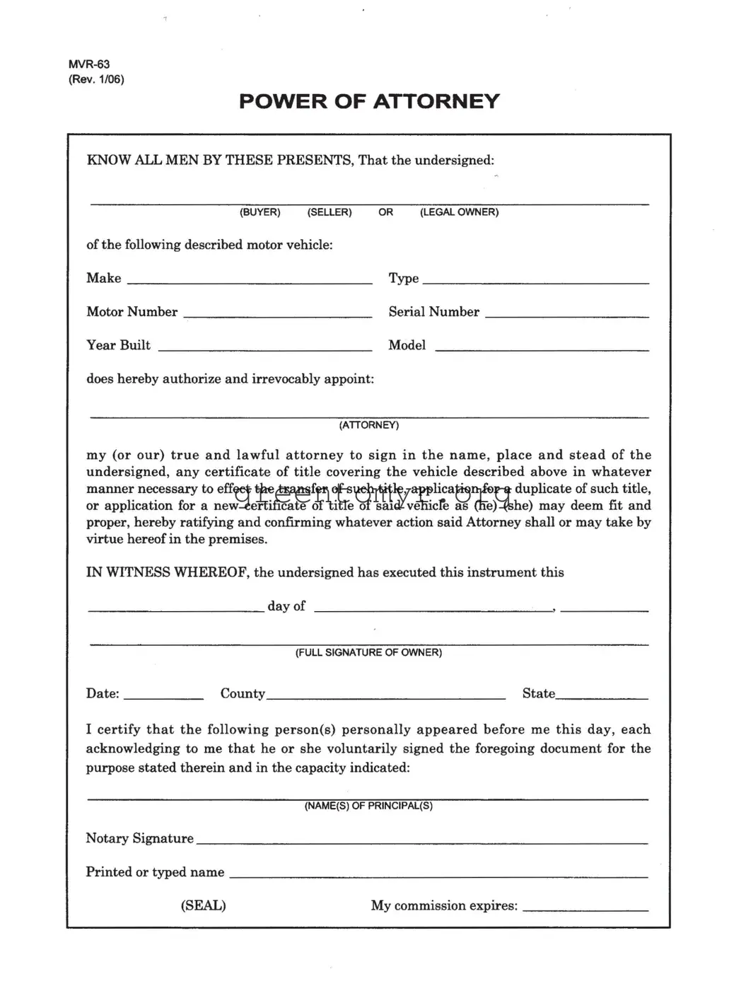 Fill in a Valid Vehicle POA form mvr-63 Template