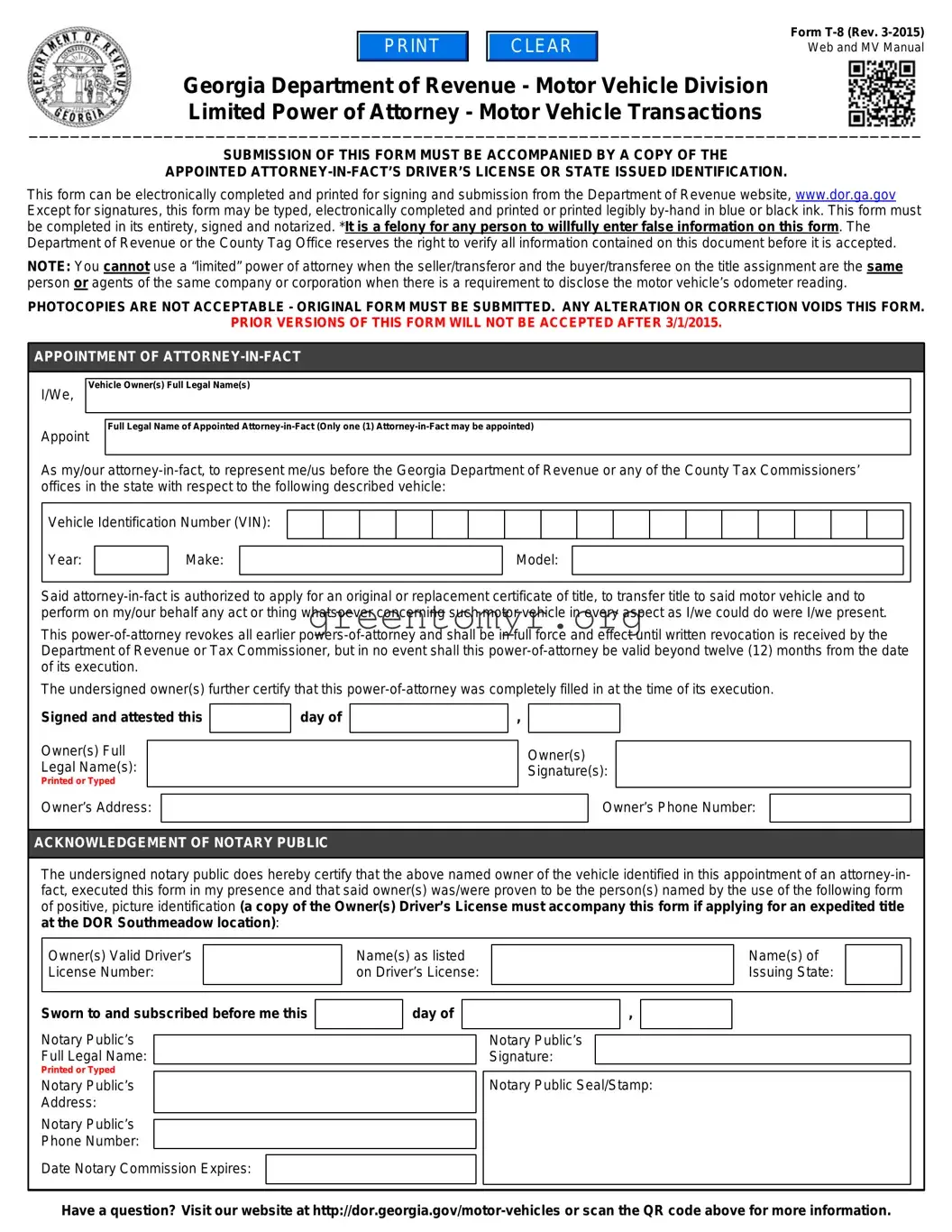 Fill in a Valid Vehicle POA form t-8 Template