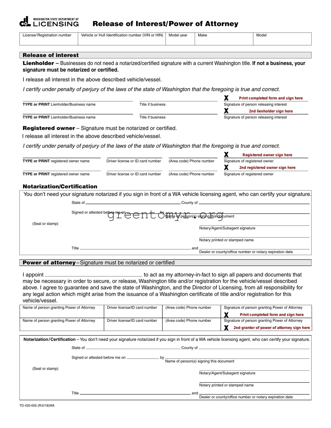 Fill in a Valid Vehicle POA form td-420-050 Template