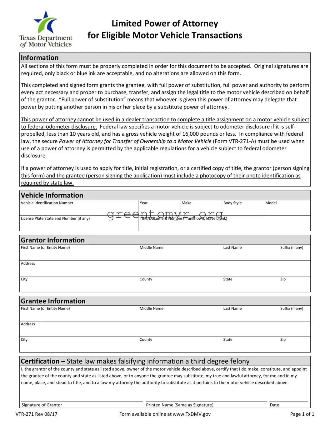 Fill in a Valid Vehicle POA form vtr 271 Template