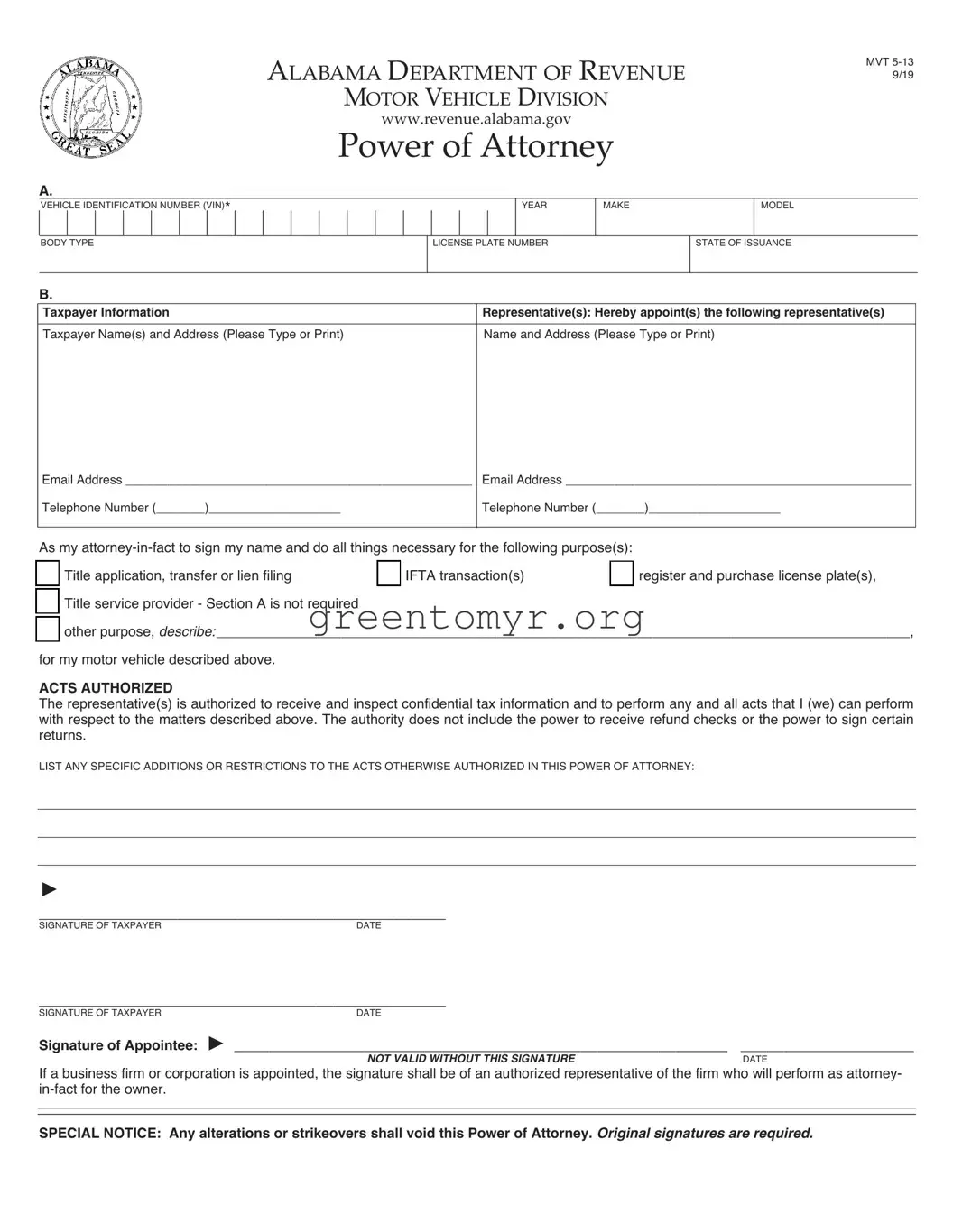 Fill in a Valid Vehicle POA mvt 5-13 Template