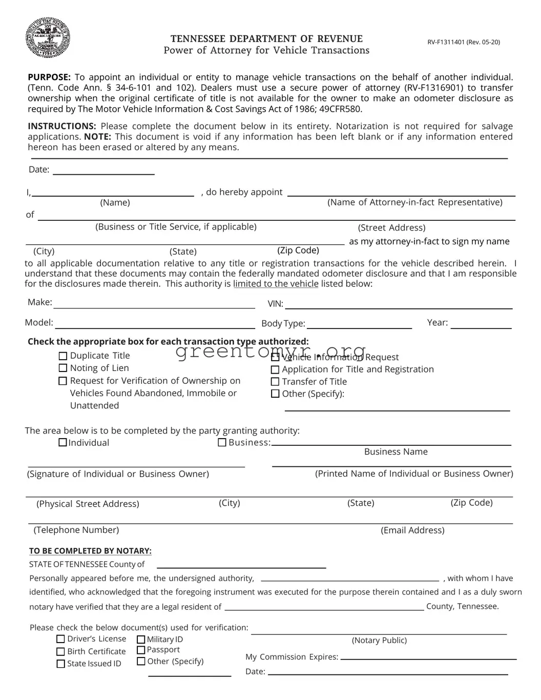 Fill in a Valid Vehicle POA rv-f1311401 Template