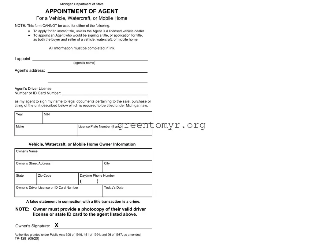Fill in a Valid Vehicle POA TR-128 (appointment of agent) Template