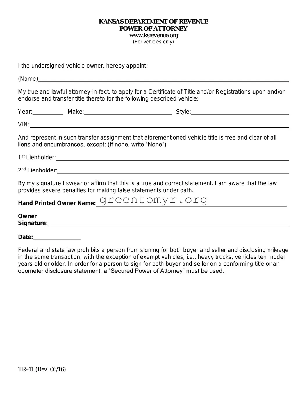 Fill in a Valid Vehicle POA tr-41 Template