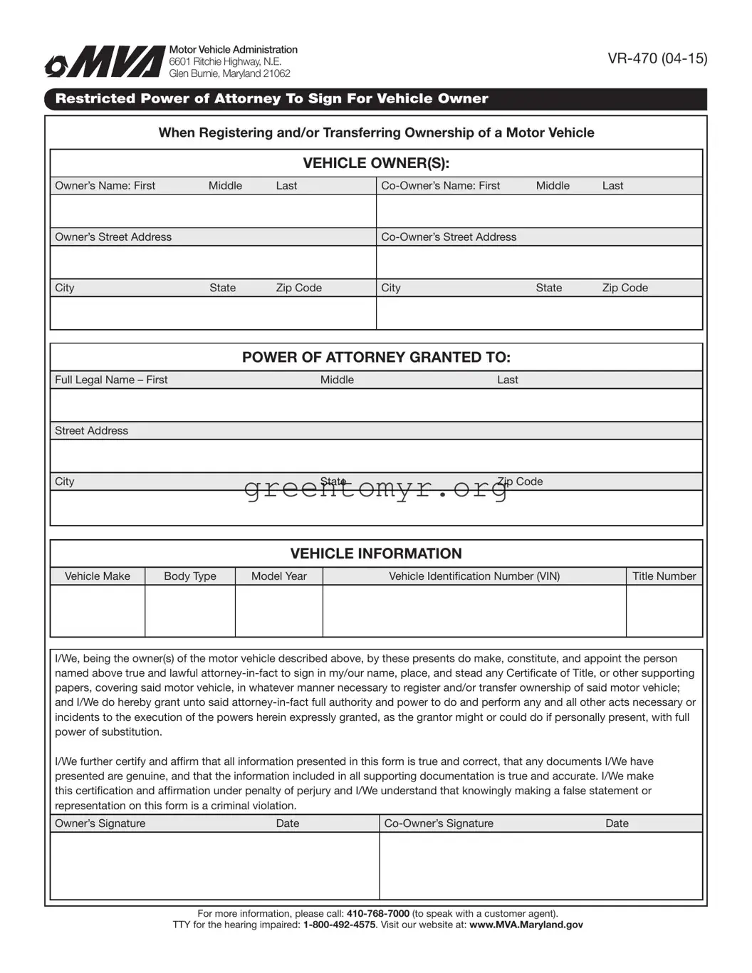 Fill in a Valid Vehicle POA vr-470 Template
