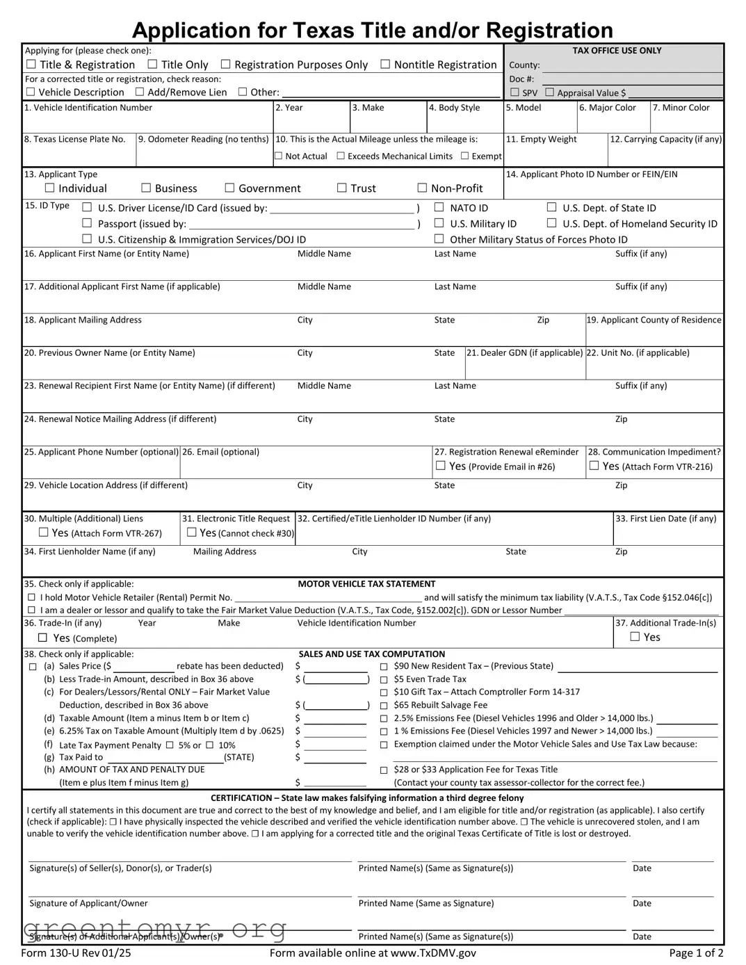 Fill in a Valid 130U Template