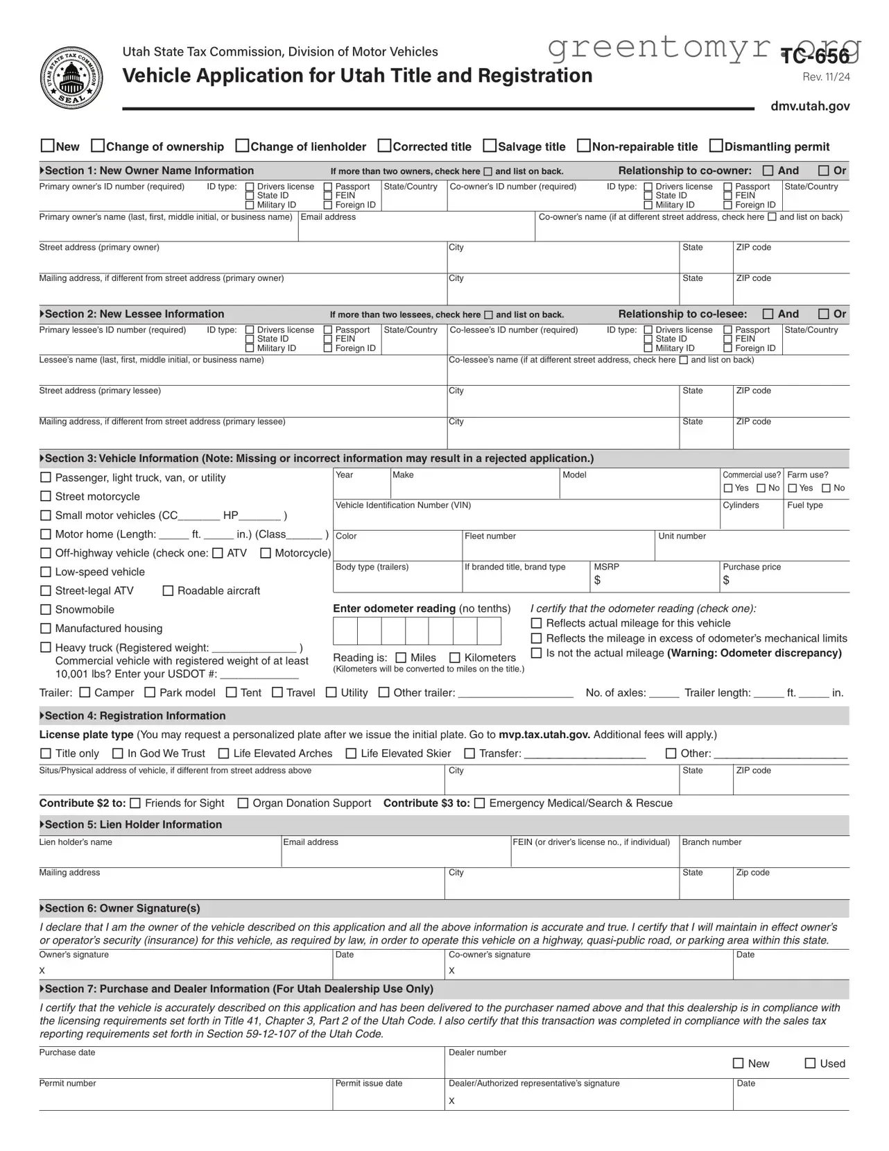 Fill in a Valid Utah Dmv Tc 656 Template