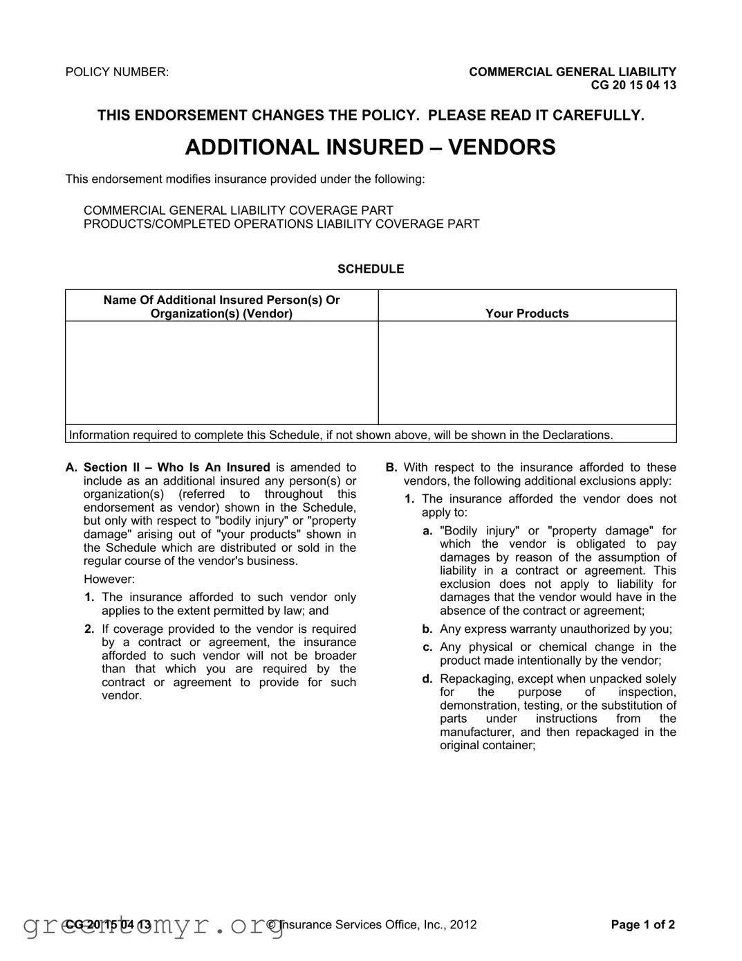 Fill in a Valid Additional Insured Vendors Template