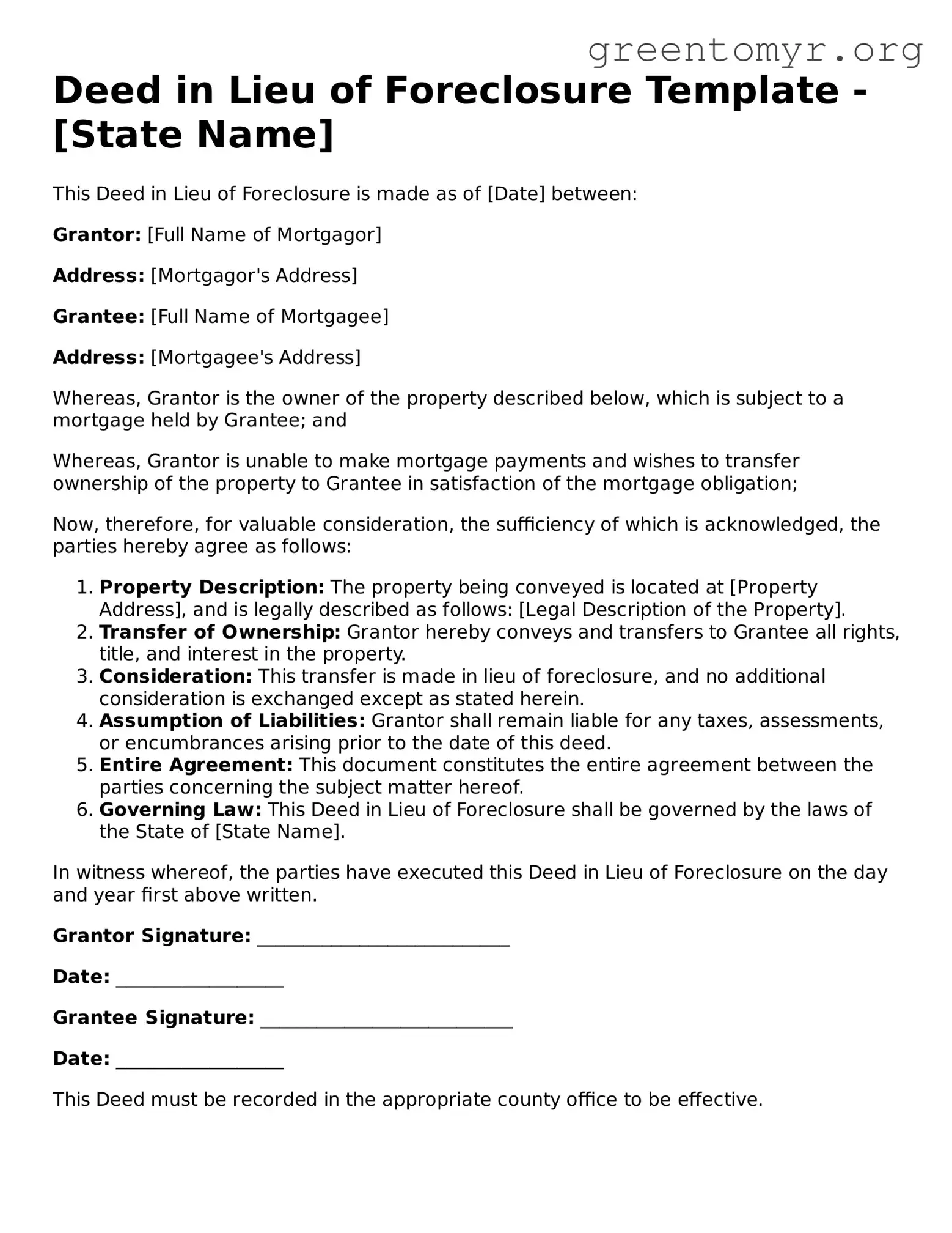 Valid Deed in Lieu of Foreclosure Form
