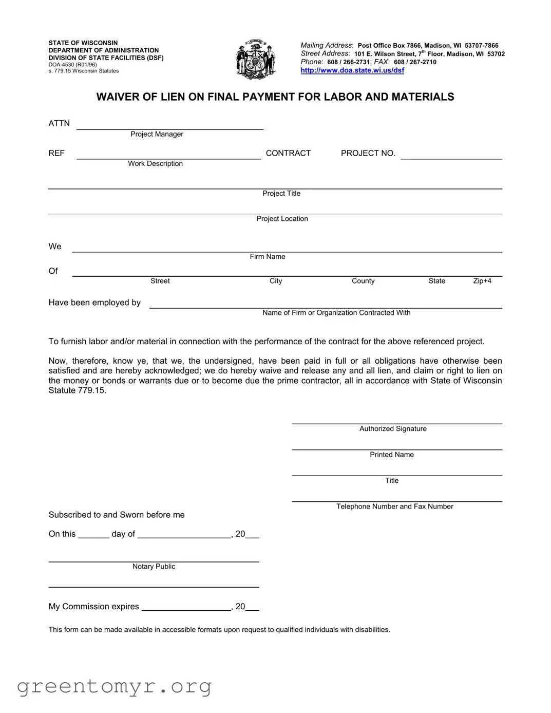 Fill in a Valid Lien Waiver Wisconsin Template