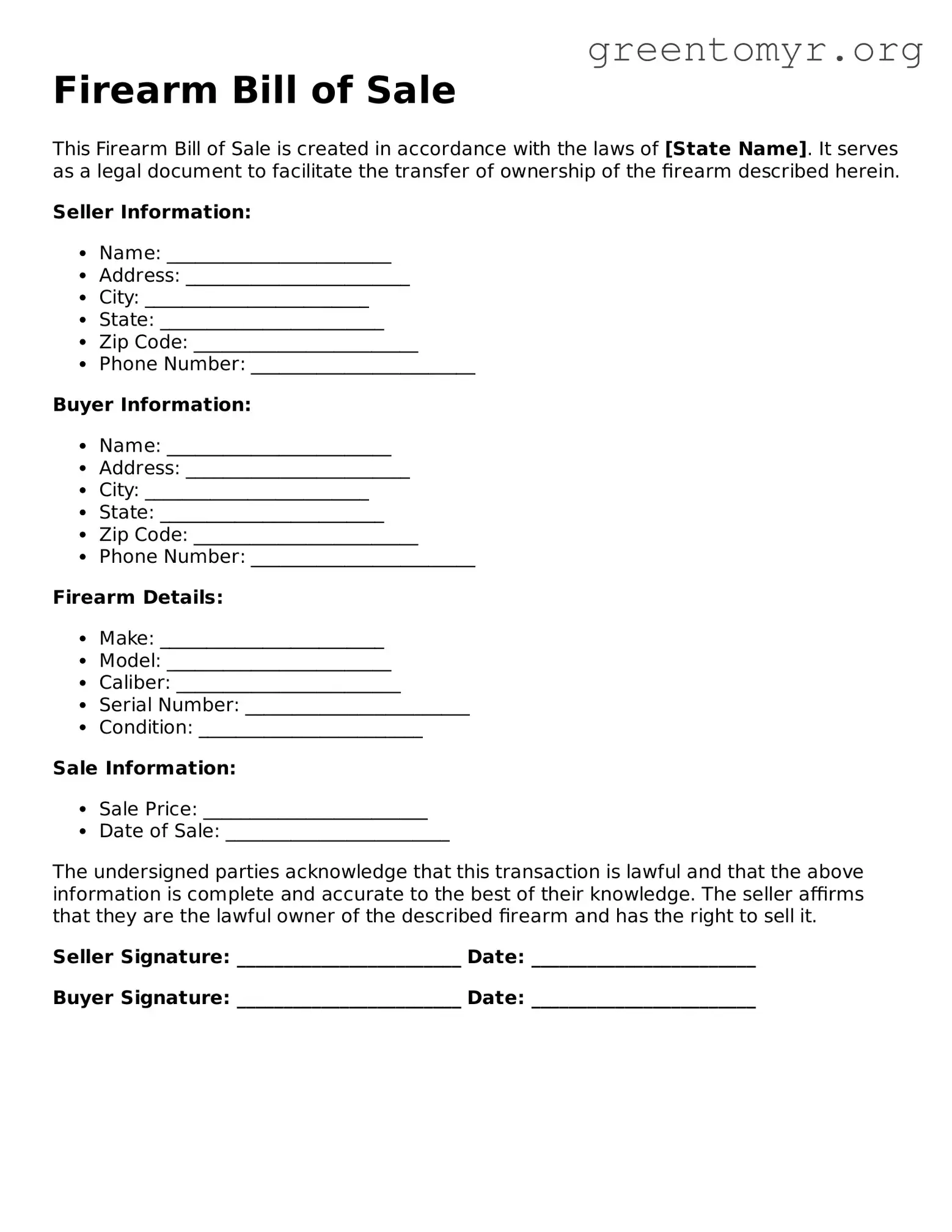 Valid Firearm Bill of Sale Form