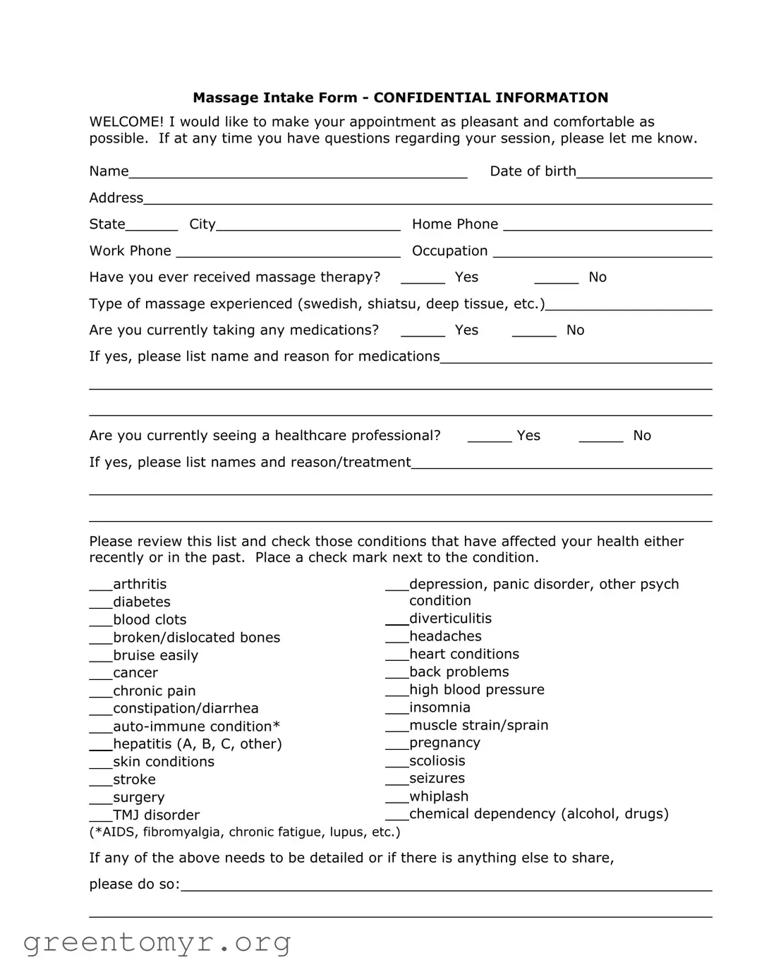 Fill in a Valid Massage Intake Template