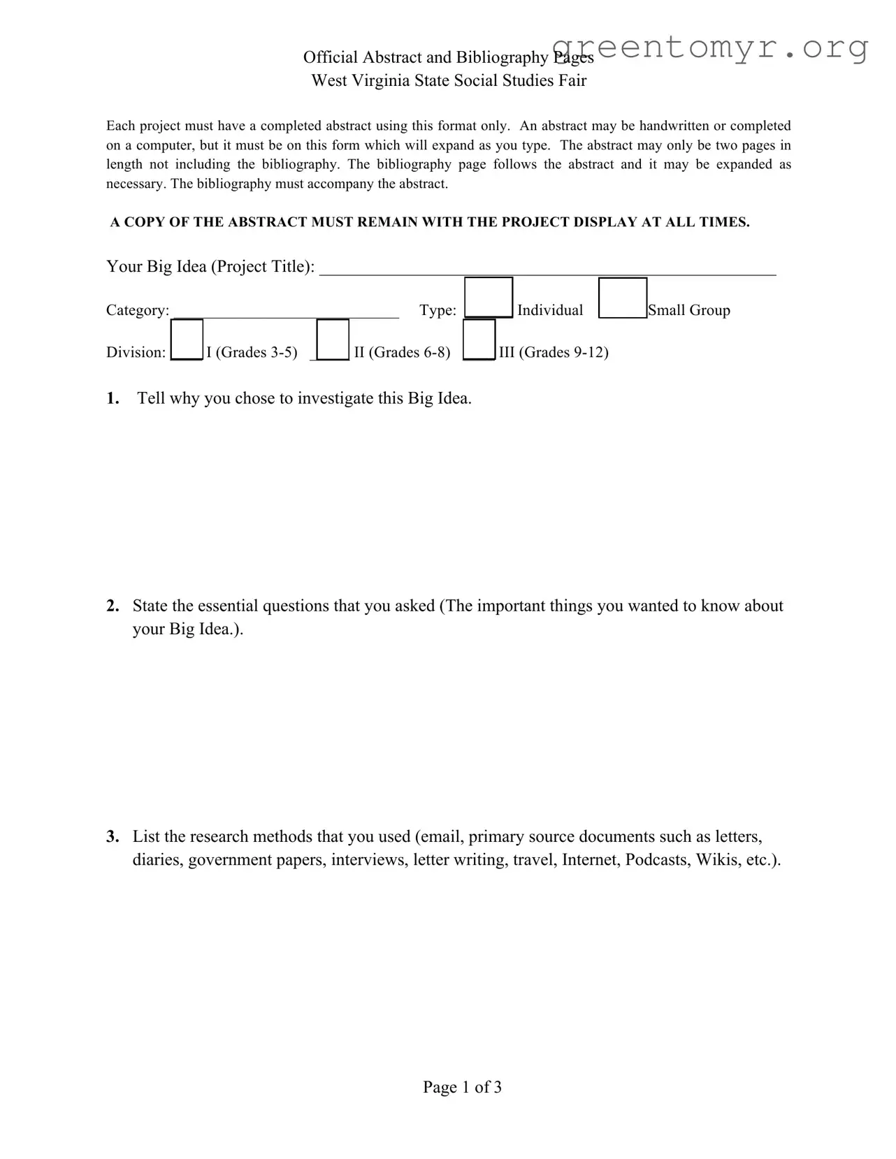 Fill in a Valid West Virginia Abstract Social Studies Fair Template