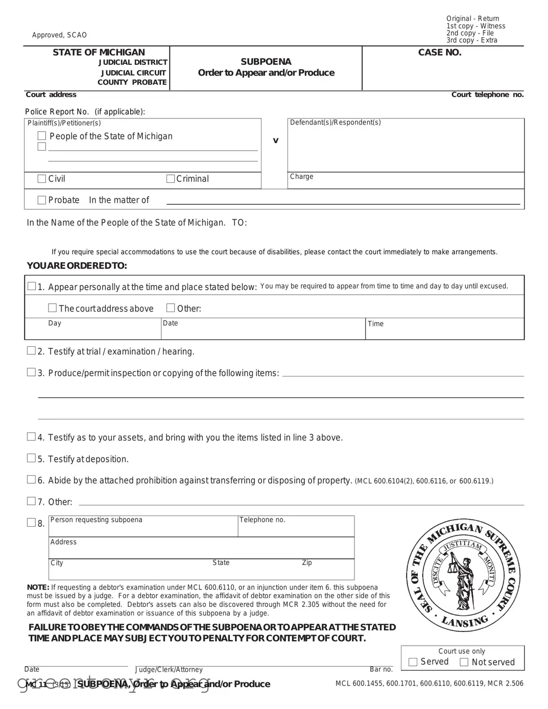 Fill in a Valid Mc 11 Subpoena Template